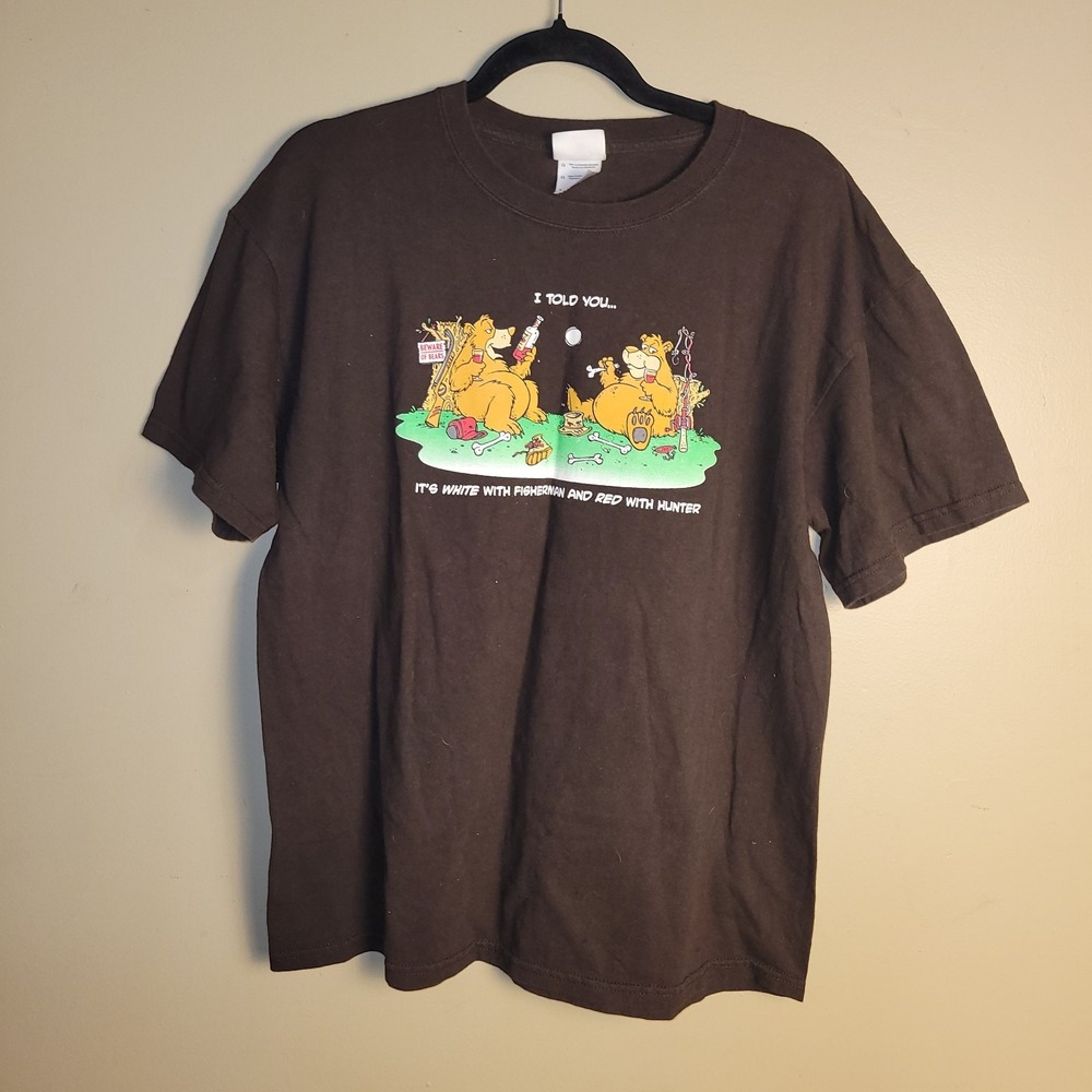 Vintage Funny Bear Wine Graphic T-Shirt Hunter Fisherman Mens Large Brown